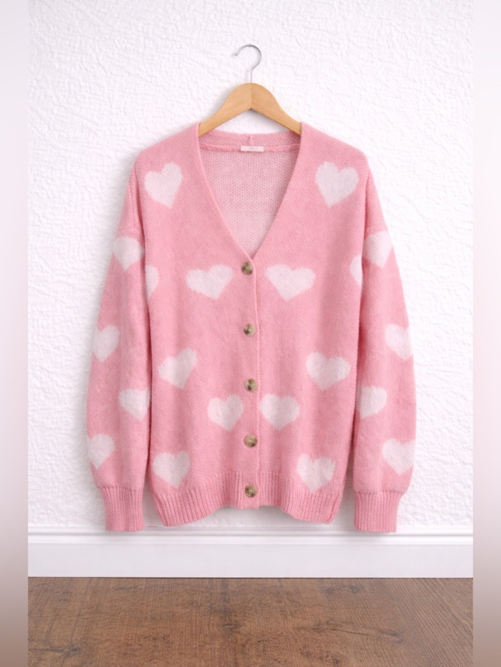 Pink Heart Print Cardigan Button Front Cozy Knit Sweater Size M Cute Soft